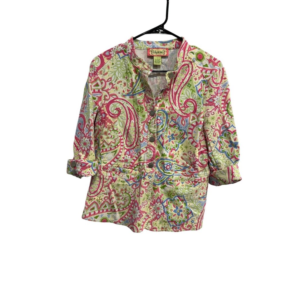 Lilly & Van Paisley Button Up Shirt Green Pink Sz Large Roll Tab Sleeve Colorful